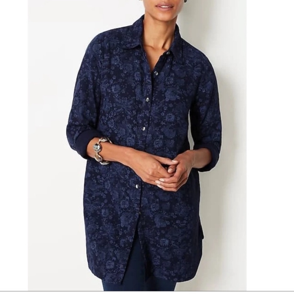 Pure Jill Indigo Blue Floral Long Sleeve Button Down Shirt Tunic Sz. M